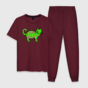 Мужская пижама хлопок с принтом Зеленый полосатый кот в Екатеринбурге, 100% хлопок | брюки и футболка прямого кроя, без карманов, на брюках мягкая резинка на поясе и по низу штанин
 | Тематика изображения на принте: зеленая кошка | зеленый кот | кот | котенок | котик | кошка | полосатый