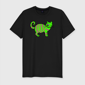 Мужская футболка хлопок Slim с принтом Зеленый полосатый кот в Екатеринбурге, 92% хлопок, 8% лайкра | приталенный силуэт, круглый вырез ворота, длина до линии бедра, короткий рукав | Тематика изображения на принте: зеленая кошка | зеленый кот | кот | котенок | котик | кошка | полосатый