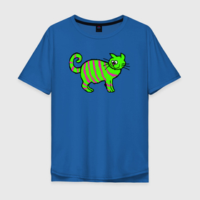 Мужская футболка хлопок Oversize с принтом Зеленый полосатый кот в Екатеринбурге, 100% хлопок | свободный крой, круглый ворот, “спинка” длиннее передней части | Тематика изображения на принте: зеленая кошка | зеленый кот | кот | котенок | котик | кошка | полосатый