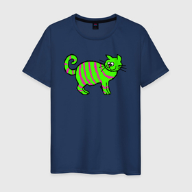 Мужская футболка хлопок с принтом Зеленый полосатый кот в Екатеринбурге, 100% хлопок | прямой крой, круглый вырез горловины, длина до линии бедер, слегка спущенное плечо. | зеленая кошка | зеленый кот | кот | котенок | котик | кошка | полосатый