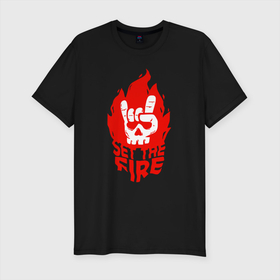 Мужская футболка хлопок Slim с принтом Set the fire в Новосибирске, 92% хлопок, 8% лайкра | приталенный силуэт, круглый вырез ворота, длина до линии бедра, короткий рукав | fire | flame | gesture | hype | skull | жест | огонь | пламя | хайп | череп