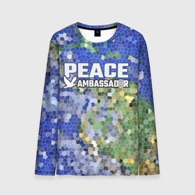 Мужской лонгслив 3D с принтом Peace Ambassador (Посол мира) в Екатеринбурге, 100% полиэстер | длинные рукава, круглый вырез горловины, полуприлегающий силуэт | Тематика изображения на принте: peace | витраж | голубь | за мир | мир | мозаика | планета земля | посол | посол мира | синий