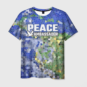 Мужская футболка 3D с принтом Peace Ambassador (Посол мира) в Кировске, 100% полиэфир | прямой крой, круглый вырез горловины, длина до линии бедер | peace | витраж | голубь | за мир | мир | мозаика | планета земля | посол | посол мира | синий
