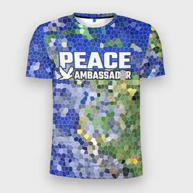 Мужская футболка 3D Slim с принтом Peace Ambassador (Посол мира) в Санкт-Петербурге, 100% полиэстер с улучшенными характеристиками | приталенный силуэт, круглая горловина, широкие плечи, сужается к линии бедра | peace | витраж | голубь | за мир | мир | мозаика | планета земля | посол | посол мира | синий