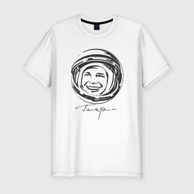 Мужская футболка хлопок Slim с принтом Юрий Гагарин День Космонавтики в Новосибирске, 92% хлопок, 8% лайкра | приталенный силуэт, круглый вырез ворота, длина до линии бедра, короткий рукав | гагарин | день космонавтики | космонавт | космонавтика | первый | русский | советский | юрий гагарин