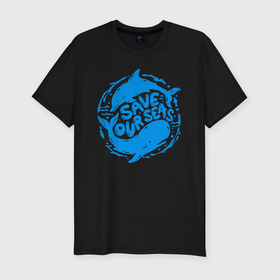 Мужская футболка хлопок Slim с принтом Спасите наши моря   SOS в Санкт-Петербурге, 92% хлопок, 8% лайкра | приталенный силуэт, круглый вырез ворота, длина до линии бедра, короткий рукав | dolphin | fin | motto | ocean | sea | whale | девиз | дельфин | кит | море | океан | плавник