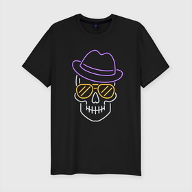 Мужская футболка хлопок Slim с принтом Череп в шляпе   Неон в Курске, 92% хлопок, 8% лайкра | приталенный силуэт, круглый вырез ворота, длина до линии бедра, короткий рукав | hat | neon | skull | неон | очки | череп | шляпа