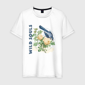Мужская футболка хлопок с принтом Wild souls в Белгороде, 100% хлопок | прямой крой, круглый вырез горловины, длина до линии бедер, слегка спущенное плечо. | floral | flower | nature | wild souls | викторианская | винтаж | лепесток | лето | нежность | приключения | природа | птица | роза | сад | синяя птица | солнце | танцы | туризм | флорист | цветы