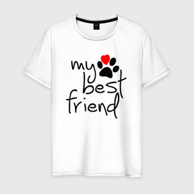Мужская футболка хлопок с принтом My best friend   Мой лучший друг в Белгороде, 100% хлопок | прямой крой, круглый вырез горловины, длина до линии бедер, слегка спущенное плечо. | Тематика изображения на принте: cat footprint | dog footprint | heart | love animals | my best friend | paw | лапа | люблю животных | мой лучший друг | сердце | след кошки | след собаки