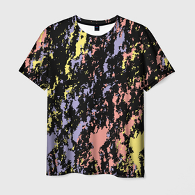 Мужская футболка 3D с принтом цветная абстракция брызгами в Курске, 100% полиэфир | прямой крой, круглый вырез горловины, длина до линии бедер | абстракция | брызги | гармония | желтый | коралловый | настроение | пятна | розовый | синий | сиреневый | цвета | черный фон | яркий
