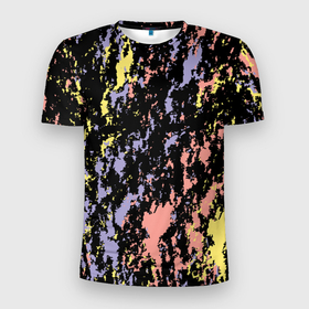 Мужская футболка 3D Slim с принтом цветная абстракция брызгами в Новосибирске, 100% полиэстер с улучшенными характеристиками | приталенный силуэт, круглая горловина, широкие плечи, сужается к линии бедра | абстракция | брызги | гармония | желтый | коралловый | настроение | пятна | розовый | синий | сиреневый | цвета | черный фон | яркий