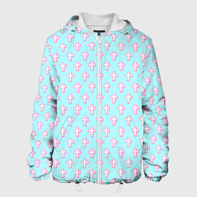 Мужская куртка 3D с принтом кресты голубой фон в Кировске, ткань верха — 100% полиэстер, подклад — флис | прямой крой, подол и капюшон оформлены резинкой с фиксаторами, два кармана без застежек по бокам, один большой потайной карман на груди. Карман на груди застегивается на липучку | blue | cross | crosses | cute | cute background | neon | pattern | pink | polka dots | горошек | крест | кресты | неон | няшный | няшный фон | паттерн | розовый