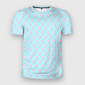 Мужская футболка 3D Slim с принтом кресты голубой фон в Кировске, 100% полиэстер с улучшенными характеристиками | приталенный силуэт, круглая горловина, широкие плечи, сужается к линии бедра | blue | cross | crosses | cute | cute background | neon | pattern | pink | polka dots | горошек | крест | кресты | неон | няшный | няшный фон | паттерн | розовый