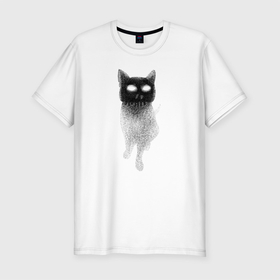 Мужская футболка хлопок Slim с принтом Кошка в Черепе в Новосибирске, 92% хлопок, 8% лайкра | приталенный силуэт, круглый вырез ворота, длина до линии бедра, короткий рукав | ведьма | глаза | кот | кошка | магия | мистика | точки | череп