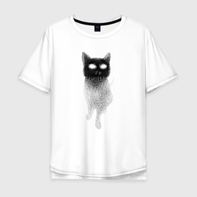 Мужская футболка хлопок Oversize с принтом Кошка в Черепе в Санкт-Петербурге, 100% хлопок | свободный крой, круглый ворот, “спинка” длиннее передней части | ведьма | глаза | кот | кошка | магия | мистика | точки | череп