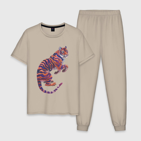 Мужская пижама хлопок с принтом Галактический тигр в Новосибирске, 100% хлопок | брюки и футболка прямого кроя, без карманов, на брюках мягкая резинка на поясе и по низу штанин
 | арт | большая кошка | галактика | дикая кошка | дикий кот | космос | кот | рисунок | тигр
