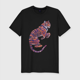Мужская футболка хлопок Slim с принтом Галактический тигр в Новосибирске, 92% хлопок, 8% лайкра | приталенный силуэт, круглый вырез ворота, длина до линии бедра, короткий рукав | арт | большая кошка | галактика | дикая кошка | дикий кот | космос | кот | рисунок | тигр