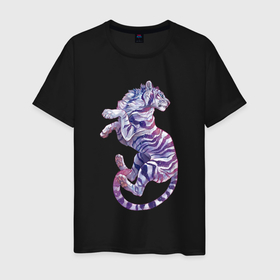 Мужская футболка хлопок с принтом Галактический белый тигр в Тюмени, 100% хлопок | прямой крой, круглый вырез горловины, длина до линии бедер, слегка спущенное плечо. | арт | белый тигр | большая кошка | галактика | дикая кошка | дикий кот | звезда | звёзды | космос | кот | рисунок
