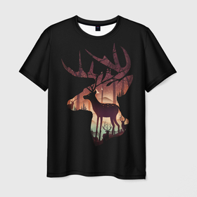 Мужская футболка 3D с принтом Душа природы   олень в Курске, 100% полиэфир | прямой крой, круглый вырез горловины, длина до линии бедер | Тематика изображения на принте: арт | лес | олень | природа | рисунок | рога