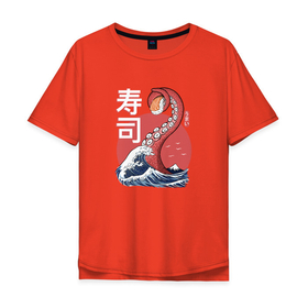 Мужская футболка хлопок Oversize с принтом Kraken Kawaii Sushi в Тюмени, 100% хлопок | свободный крой, круглый ворот, “спинка” длиннее передней части | japan | the great wave | волна | еда | иероглиф | китай | корея | кракен | монстр | море | морской | океан | осьминог | роллы | страшный | суши | щупальца | япония | японский