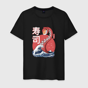 Мужская футболка хлопок с принтом Kraken Kawaii Sushi в Кировске, 100% хлопок | прямой крой, круглый вырез горловины, длина до линии бедер, слегка спущенное плечо. | Тематика изображения на принте: japan | the great wave | волна | еда | иероглиф | китай | корея | кракен | монстр | море | морской | океан | осьминог | роллы | страшный | суши | щупальца | япония | японский