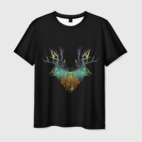 Мужская футболка 3D с принтом Душа природы   олени в Белгороде, 100% полиэфир | прямой крой, круглый вырез горловины, длина до линии бедер | арт | лес | олени | олень | природа | птицы | рисунок | рога