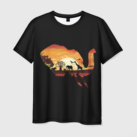 Мужская футболка 3D с принтом Душа природы   слон в Тюмени, 100% полиэфир | прямой крой, круглый вырез горловины, длина до линии бедер | арт | африка | дерево | деревья | жираф | закат | попугай | природа | птица | птицы | рисунок | слон