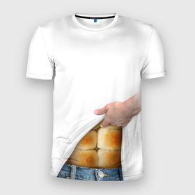 Мужская футболка 3D Slim с принтом Мучные кубики в Белгороде, 100% полиэстер с улучшенными характеристиками | приталенный силуэт, круглая горловина, широкие плечи, сужается к линии бедра | Тематика изображения на принте: булки | джинса | кубики | мучное | пресс | прикол | рука | спорт | хлеб