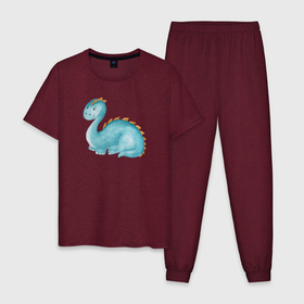 Мужская пижама хлопок с принтом Голубой динозаврик в Белгороде, 100% хлопок | брюки и футболка прямого кроя, без карманов, на брюках мягкая резинка на поясе и по низу штанин
 | дино | динозавр | динозаврик | маленький динозавр | милый