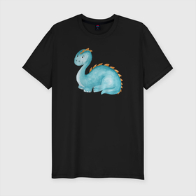 Мужская футболка хлопок Slim с принтом Голубой динозаврик в Кировске, 92% хлопок, 8% лайкра | приталенный силуэт, круглый вырез ворота, длина до линии бедра, короткий рукав | дино | динозавр | динозаврик | маленький динозавр | милый