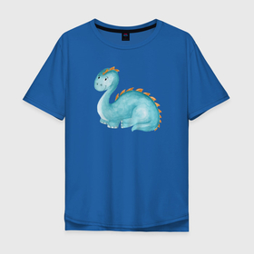 Мужская футболка хлопок Oversize с принтом Голубой динозаврик в Новосибирске, 100% хлопок | свободный крой, круглый ворот, “спинка” длиннее передней части | дино | динозавр | динозаврик | маленький динозавр | милый