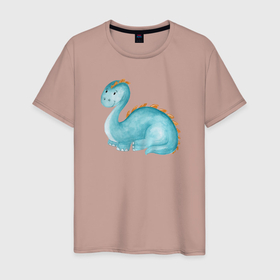 Мужская футболка хлопок с принтом Голубой динозаврик в Санкт-Петербурге, 100% хлопок | прямой крой, круглый вырез горловины, длина до линии бедер, слегка спущенное плечо. | дино | динозавр | динозаврик | маленький динозавр | милый