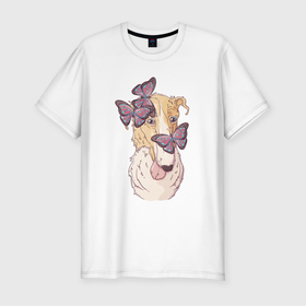 Мужская футболка хлопок Slim с принтом Собачка с бабочками в Курске, 92% хлопок, 8% лайкра | приталенный силуэт, круглый вырез ворота, длина до линии бедра, короткий рукав | бабочки | пес | песик | собака | собачка