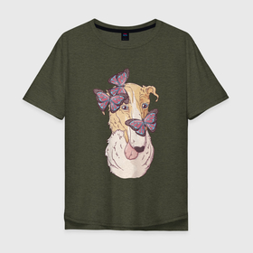 Мужская футболка хлопок Oversize с принтом Собачка с бабочками в Белгороде, 100% хлопок | свободный крой, круглый ворот, “спинка” длиннее передней части | бабочки | пес | песик | собака | собачка