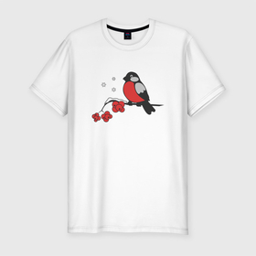 Мужская футболка хлопок Slim с принтом Снегири прилетели в Новосибирске, 92% хлопок, 8% лайкра | приталенный силуэт, круглый вырез ворота, длина до линии бедра, короткий рукав | ботаника | весна | ветка | зима | птица | рябина | сезон | снег | снегирь