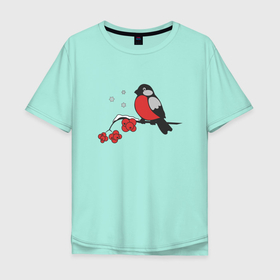 Мужская футболка хлопок Oversize с принтом Снегири прилетели в Петрозаводске, 100% хлопок | свободный крой, круглый ворот, “спинка” длиннее передней части | ботаника | весна | ветка | зима | птица | рябина | сезон | снег | снегирь