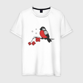 Мужская футболка хлопок с принтом Снегири прилетели в Новосибирске, 100% хлопок | прямой крой, круглый вырез горловины, длина до линии бедер, слегка спущенное плечо. | ботаника | весна | ветка | зима | птица | рябина | сезон | снег | снегирь