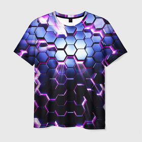 Мужская футболка 3D с принтом Соты   3d в Санкт-Петербурге, 100% полиэфир | прямой крой, круглый вырез горловины, длина до линии бедер | 3d | 3д | арт | весна | зима | излучение | лето | линии | лучи | неон | осень | патерны | плиты | свет | светящиеся | соты | текстуры
