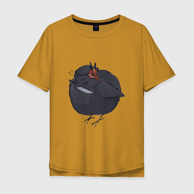 Мужская футболка хлопок Oversize с принтом Злой воробей Сара в Санкт-Петербурге, 100% хлопок | свободный крой, круглый ворот, “спинка” длиннее передней части | genshin impact | арт | воробей | злая птица | инадзума | кудзё | кудзё сара | нож | птенец | птица | рисунок | сара
