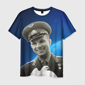 Мужская футболка 3D с принтом Юрий Гагарин с голубем 3D в Тюмени, 100% полиэфир | прямой крой, круглый вырез горловины, длина до линии бедер | гагарин | голубь мира | день космонавтики | за мир | космонавт | космонавтика | космос | мир | первый | русский | советский | юрий гагарин