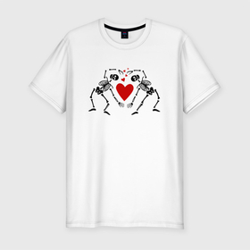 Мужская футболка хлопок Slim с принтом Скелеты и красные сердца в Петрозаводске, 92% хлопок, 8% лайкра | приталенный силуэт, круглый вырез ворота, длина до линии бедра, короткий рукав | день святого валентина | красные | любовь | сердечки | сердца | скелеты | стоят в форме сердца | хэллоуин | человеческие