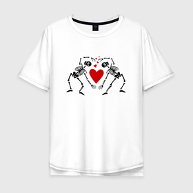 Мужская футболка хлопок Oversize с принтом Скелеты и красные сердца в Белгороде, 100% хлопок | свободный крой, круглый ворот, “спинка” длиннее передней части | Тематика изображения на принте: день святого валентина | красные | любовь | сердечки | сердца | скелеты | стоят в форме сердца | хэллоуин | человеческие