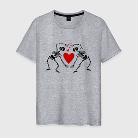 Мужская футболка хлопок с принтом Скелеты и красные сердца , 100% хлопок | прямой крой, круглый вырез горловины, длина до линии бедер, слегка спущенное плечо. | Тематика изображения на принте: день святого валентина | красные | любовь | сердечки | сердца | скелеты | стоят в форме сердца | хэллоуин | человеческие