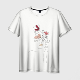 Мужская футболка 3D с принтом Девушка и цветы Artline в Екатеринбурге, 100% полиэфир | прямой крой, круглый вырез горловины, длина до линии бедер | Тематика изображения на принте: artline | flower | girl | line | абстракция | девушка | линия | цветы