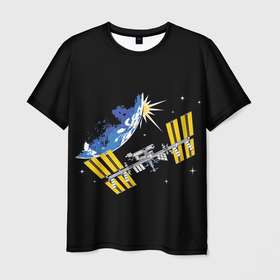 Мужская футболка 3D с принтом Международная Космическая Станция 3D в Петрозаводске, 100% полиэфир | прямой крой, круглый вырез горловины, длина до линии бедер | день космонавтики | космическая | космонавт | космонавтика | космос | международная | мкс | станция