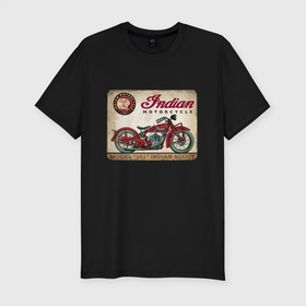 Мужская футболка хлопок Slim с принтом Indian motorcycle   1901 в Белгороде, 92% хлопок, 8% лайкра | приталенный силуэт, круглый вырез ворота, длина до линии бедра, короткий рукав | engine | indian | motorcycle | retro | двигатель | индеец | мотоцикл | ретро