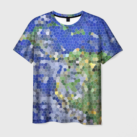 Мужская футболка 3D с принтом Планета Земля   пиксельный рисунок в Санкт-Петербурге, 100% полиэфир | прямой крой, круглый вырез горловины, длина до линии бедер | витраж | земля | мозаика | пиксельный рисунок | планета земля | синий