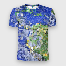 Мужская футболка 3D Slim с принтом Планета Земля   пиксельный рисунок в Петрозаводске, 100% полиэстер с улучшенными характеристиками | приталенный силуэт, круглая горловина, широкие плечи, сужается к линии бедра | витраж | земля | мозаика | пиксельный рисунок | планета земля | синий