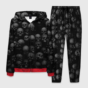 Мужской костюм 3D с принтом Черепа на черном фоне паттерн в Санкт-Петербурге, 100% полиэстер | Манжеты и пояс оформлены тканевой резинкой, двухслойный капюшон со шнурком для регулировки, карманы спереди | background | black | black and white | black background | bw | death | gray | pattern | pi | pirate | pirates | skull | skulls | white | белый | паттерн | пират | пиратский | пираты | рок | серый | фон | чб | череп | черепа | черно белый | черноб