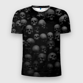 Мужская футболка 3D Slim с принтом Черепа на черном фоне паттерн в Тюмени, 100% полиэстер с улучшенными характеристиками | приталенный силуэт, круглая горловина, широкие плечи, сужается к линии бедра | Тематика изображения на принте: background | black | black and white | black background | bw | death | gray | pattern | pi | pirate | pirates | skull | skulls | white | белый | паттерн | пират | пиратский | пираты | рок | серый | фон | чб | череп | черепа | черно белый | черноб